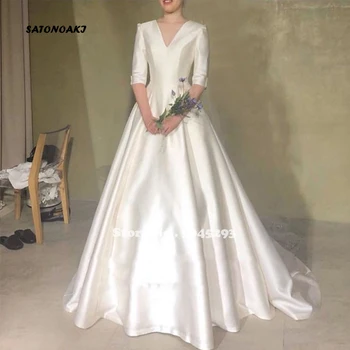 Vestido De Novia 2022 Basit V Yaka Saten düğün elbisesi Yarım Kollu A-Line Beyaz Fildişi Prenses gelin kıyafeti Robe Mariée Özel