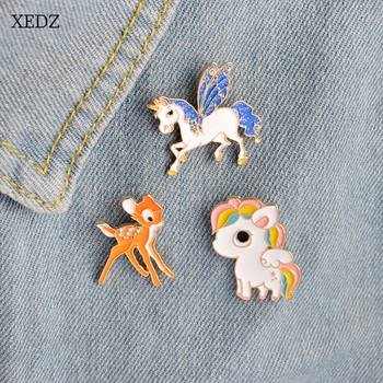 XEDZ Moda Charm Emaye Broş Takı Sevimli Hayvan Unicorn At Geyik Elk Rozeti Broş Kadınlar Yaka İğneler Yaka Pin
