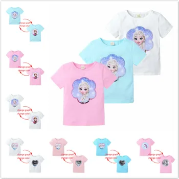 Yaz Bebek Kız T-Shirt Sihirli Pullu Değişim Karikatür Dondurulmuş Anna Elsa Pamuk Çocuk rahat giyim Moda Tshirt Çocuk Üst Tee