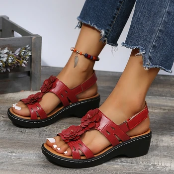 Yaz Kadın rahat ayakkabılar Vintage Çiçek Balık Ağzı Sandalet Kadın Taklidi Orta Topuklu Kama Sandalet Açık Ayak Büyük Boy