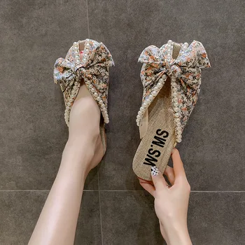 Yaz Kadın Terlik Yeni Çiçek Baskı Inci Yay Kadın Sandalet Bayanlar Moda Zarif Plaj Açık Ayakkabı Pantuflas Para Mujer