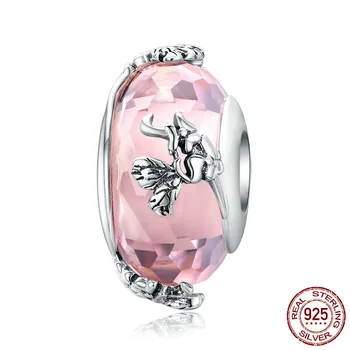 Yeni 925 Ayar Gümüş Pembe Çiçek Murano Cam Boncuk Charm Fit Orijinal Pandora Charm Bilezik DIY Boncuk Takı Aksesuarları