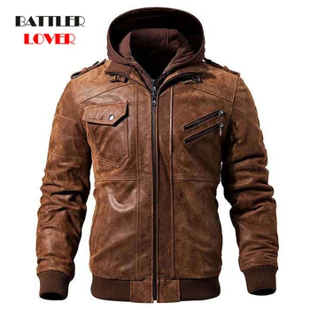 Yeni deri ceketler Erkekler İçin 2021 Motosiklet Kapşonlu Kış sıcak Palto Erkek Vintage Motor Biker Rüzgarlık Dış Giyim Marka Giyim