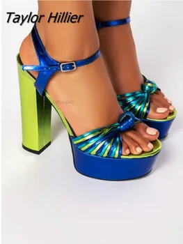 Yeni Yaz Renkli Sandalet Kalın Topuk Colorblock Yuvarlak Ayak Moda yüksek topuklu sandalet Yuvarlak Ayak Toka Elbise kadın ayakkabısı