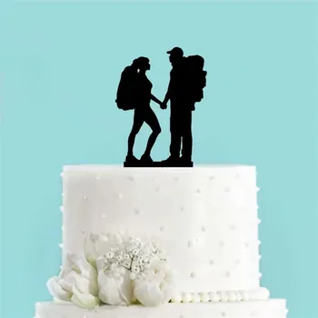 Yürüyüş Çift Düğün Pastası Topper Sırt Çantasıyla Gelin ve Damat Dağ Düğün Akrilik Kek Topper Süslemeleri