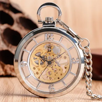 Zarif Vintage Gümüş Mekanik cep saati Şeffaf Arap Rakamları Ekran Kolye El Sarma Mekanizması cep saati