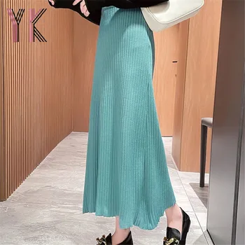 Örme Düz Renk Elastik Yüksek Bel Midi Etekler Zarif Kadın Etekler Casual Kore Temel Klasik Vintage Anne Kazak Sukienka