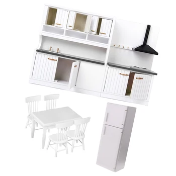 1/12 Dollhouse Minyatür Ahşap mutfak mobilyası Seti Buzdolabı Masa Sandalye Modeli