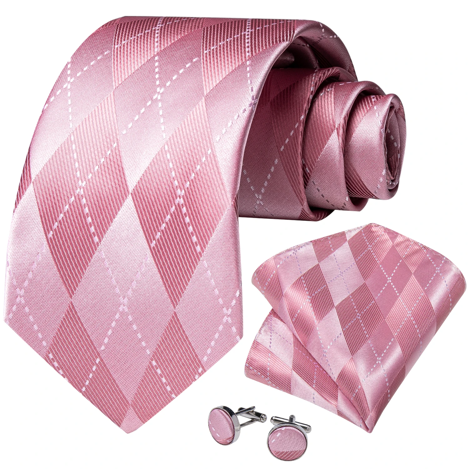 Lüks Tasarımcı Pembe Ekose ipek kravatlar Erkekler İçin 8cm İş Düğün Boyun Kravat Mendil Kol Düğmeleri Seti Hediye Erkekler İçin Toptan Görüntü 1
