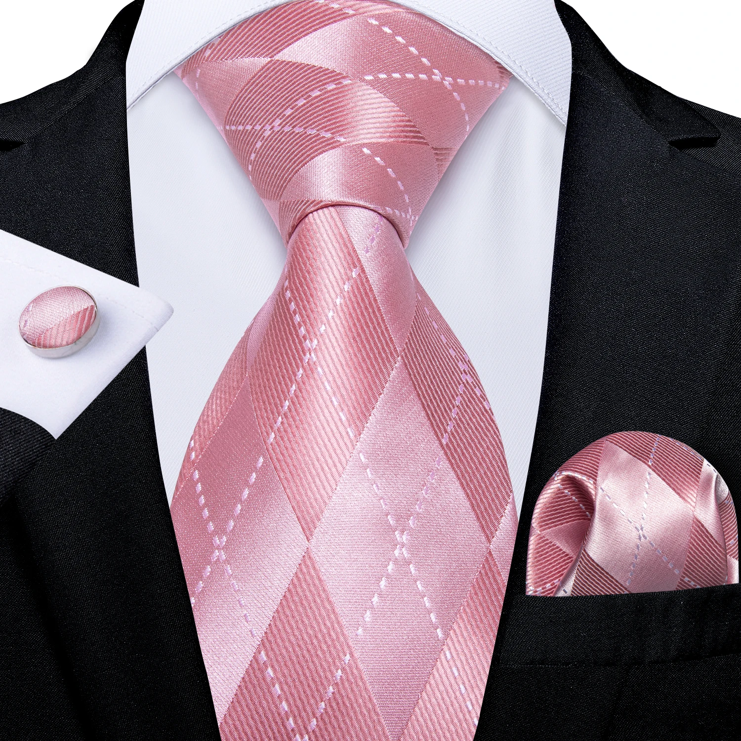 Lüks Tasarımcı Pembe Ekose ipek kravatlar Erkekler İçin 8cm İş Düğün Boyun Kravat Mendil Kol Düğmeleri Seti Hediye Erkekler İçin Toptan Görüntü 5