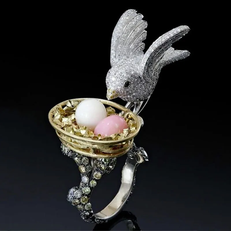 Yaratıcı Yuva Kuş Yumurta Şekilli Parmak Yüzük Tam Mikro Kaplamalı Beyaz Rhinestone Zirkon Kadınlar için Kadın Parti düğün takısı Görüntü 0