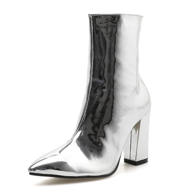 2022 Moda Altın Gümüş Patent Deri Kadın yarım çizmeler Sivri Burun Kare Yüksek Topuklu Ayakkabılar Chelsea Botas De Mujer Görüntü 1