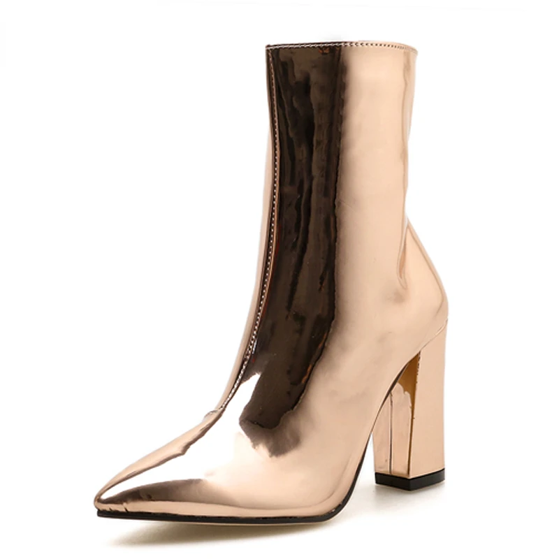 2022 Moda Altın Gümüş Patent Deri Kadın yarım çizmeler Sivri Burun Kare Yüksek Topuklu Ayakkabılar Chelsea Botas De Mujer Görüntü 2