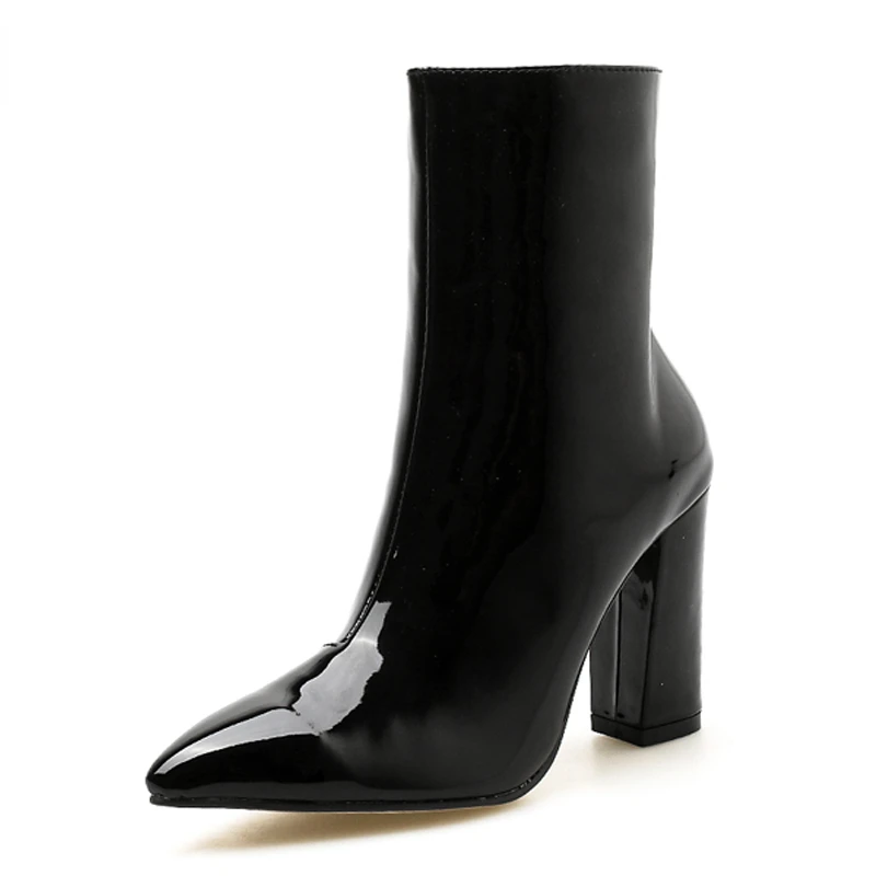 2022 Moda Altın Gümüş Patent Deri Kadın yarım çizmeler Sivri Burun Kare Yüksek Topuklu Ayakkabılar Chelsea Botas De Mujer Görüntü 4