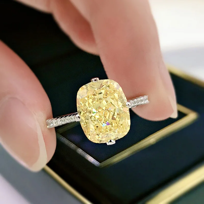 FFGems 100 %925 Ayar Gümüş 8 * 10mm G Renk Oluşturulan Mozanit Sarı Taş Düğün Nişan Yüzüğü Kadınlar İçin Güzel Takı Görüntü 1