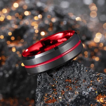 2021 Klasik 8mm erkek Kırmızı Oluk Eğimli Kenar Siyah Tungsten Erkekler alyanslar Siyah Fırçalanmış Erkek Gelin Nişan Yüzüğü