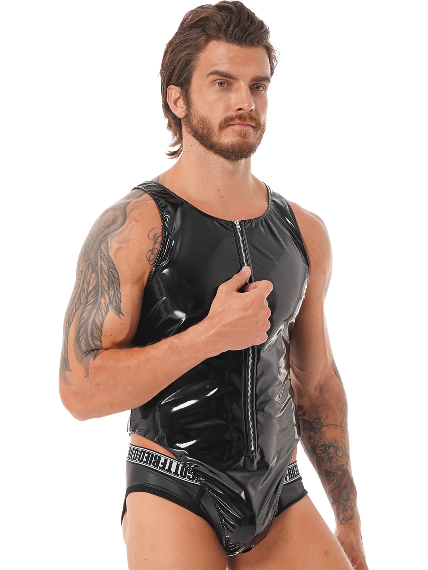Erkek İç Çamaşırı Parlak U Boyun Kolsuz Tek parça Bodysuit Mayo İslak Bak Patent Deri Fermuar Leotard Clubwear Görüntü 4