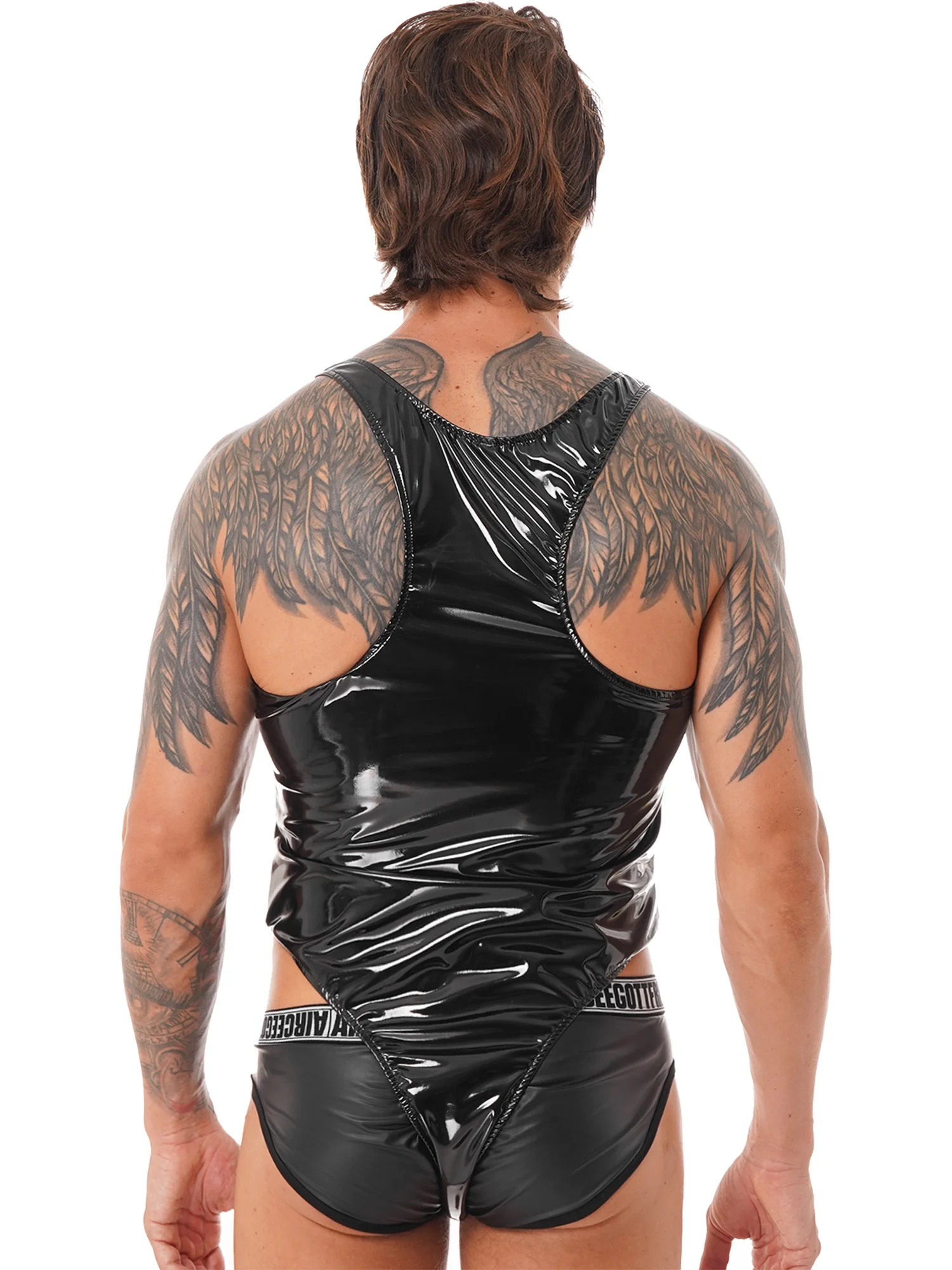 Erkek İç Çamaşırı Parlak U Boyun Kolsuz Tek parça Bodysuit Mayo İslak Bak Patent Deri Fermuar Leotard Clubwear Görüntü 5