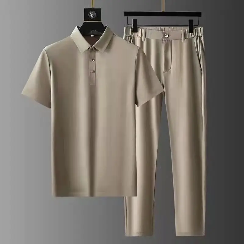 2022 Yaz Yeni erkek Moda Rahat Saf Renk Buz İpek kısa kollu tişört Seti Erkekler İnce Boy Yüksek Kaliteli İki Parçalı Set M-4XL Görüntü 1