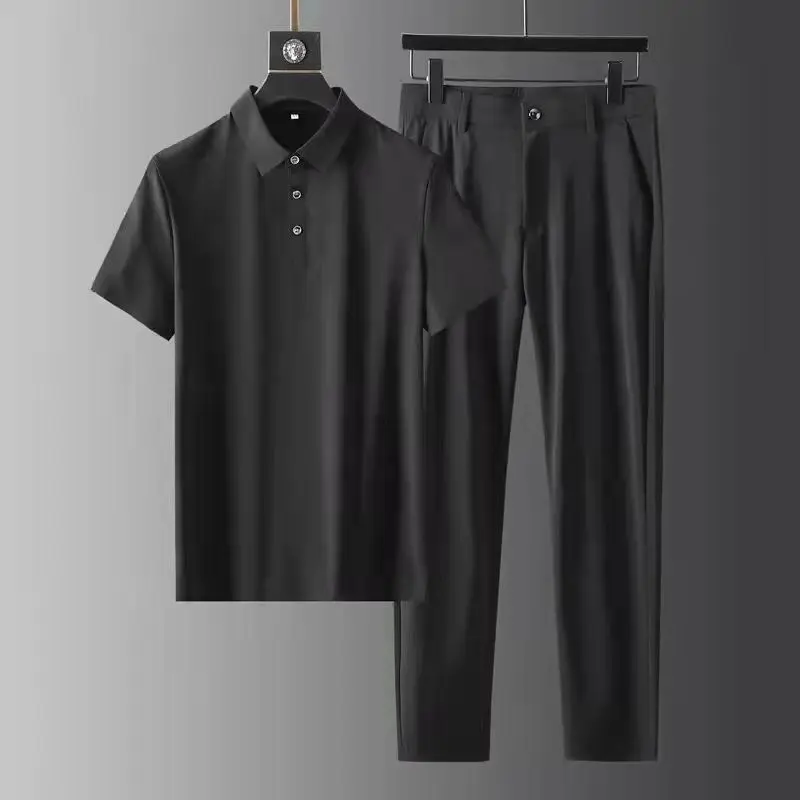 2022 Yaz Yeni erkek Moda Rahat Saf Renk Buz İpek kısa kollu tişört Seti Erkekler İnce Boy Yüksek Kaliteli İki Parçalı Set M-4XL Görüntü 2