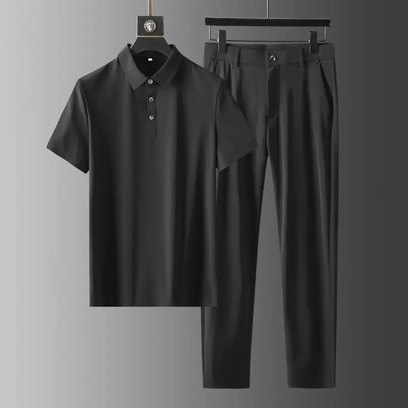 2022 Yaz Yeni erkek Moda Rahat Saf Renk Buz İpek kısa kollu tişört Seti Erkekler İnce Boy Yüksek Kaliteli İki Parçalı Set M-4XL Görüntü 3