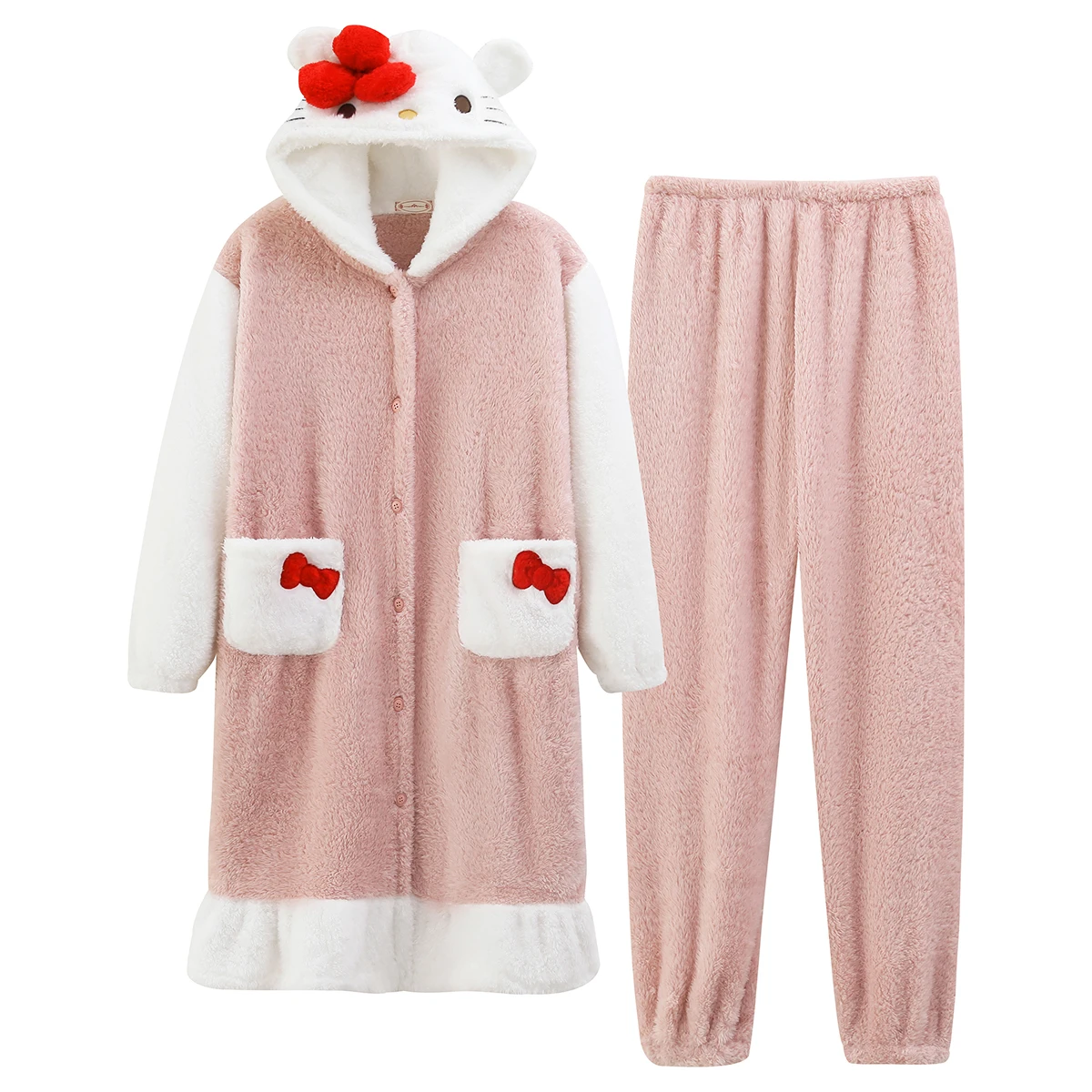 Hello Kitty Kawaii Sanrios Sevimli Yay Kürklü Gecelik Kış Yeni Tatlı Kız Sevimli Uzun Pijama Anime Peluş Loungewear Görüntü 4