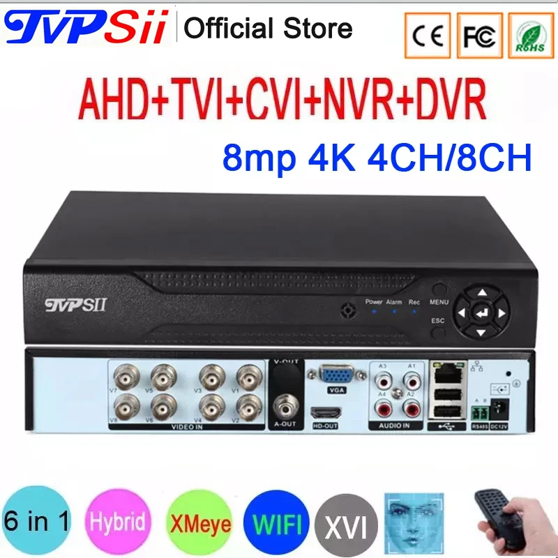 Uzaktan Kumanda Ses Yüz Algılama 8MP 4K Xmeye 8CH 8 Kanal H. 265 + Hibrid WIFI 6 in 1 TVI CVI NVR AHD CCTV DVR Sistemi Görüntü 0
