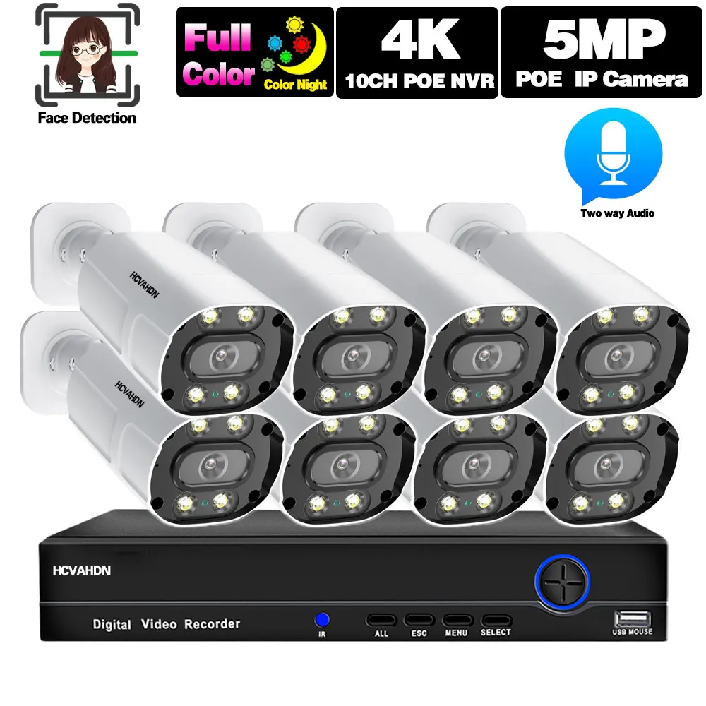2 Yönlü Ses 8CH güvenlik kamerası Güvenlik Sistemi Seti 10CH 4K POE NVR Renkli Gece Görüş 5MP IP Video Gözetim Kamera Sistemi Seti Görüntü 0