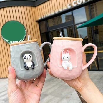3D kabartma seramik kapaklı kupa kaşık kişilik kahve Kupalar kaşık hayvan yakacak odun köpek fincan çay fincanı