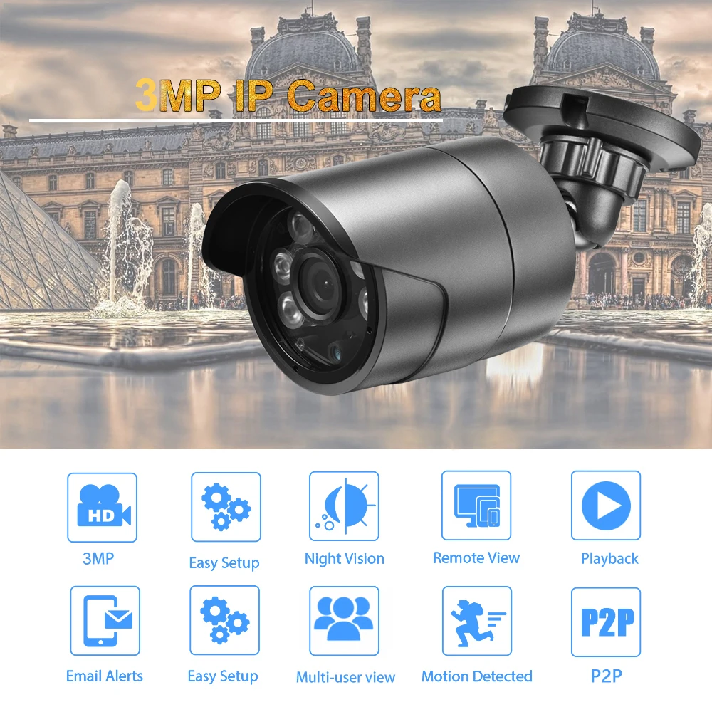 AZISHN Metal IP Kamera H. 265+ 3MP 2304X1296 6IR gece görüş Hareket Algılama XMEye P2P güvenlik kamerası IP67 su geçirmez Görüntü 1
