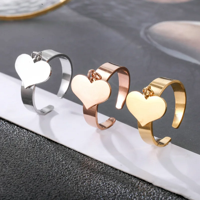 Moda açık paslanmaz çelik yüzük kadın kalp kolye yüzük çift yüzük toptan fiyat Görüntü 4