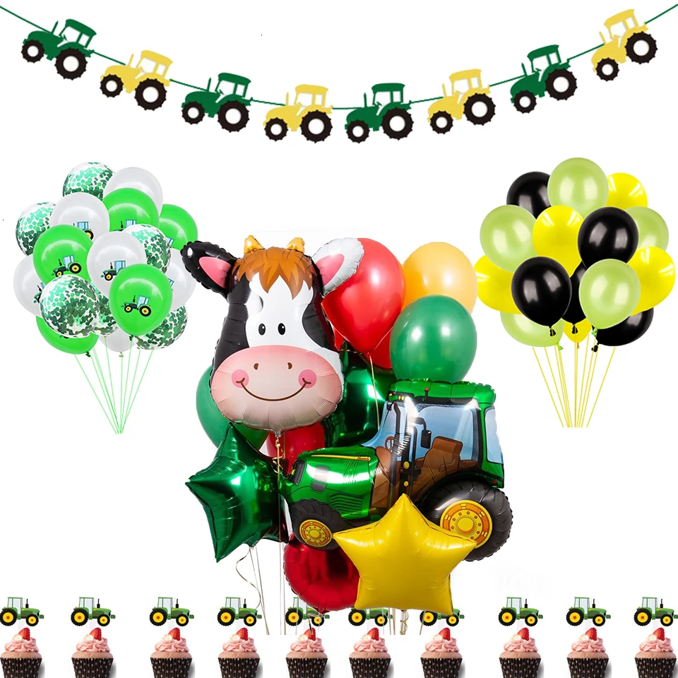 1 Takım Yeşil Çiftlik Tema Çocuklar Mutlu Doğum Günü Afiş Balonlar İnşaat Araç Traktör Doğum Günü Partisi Dekorasyon Görüntü 3