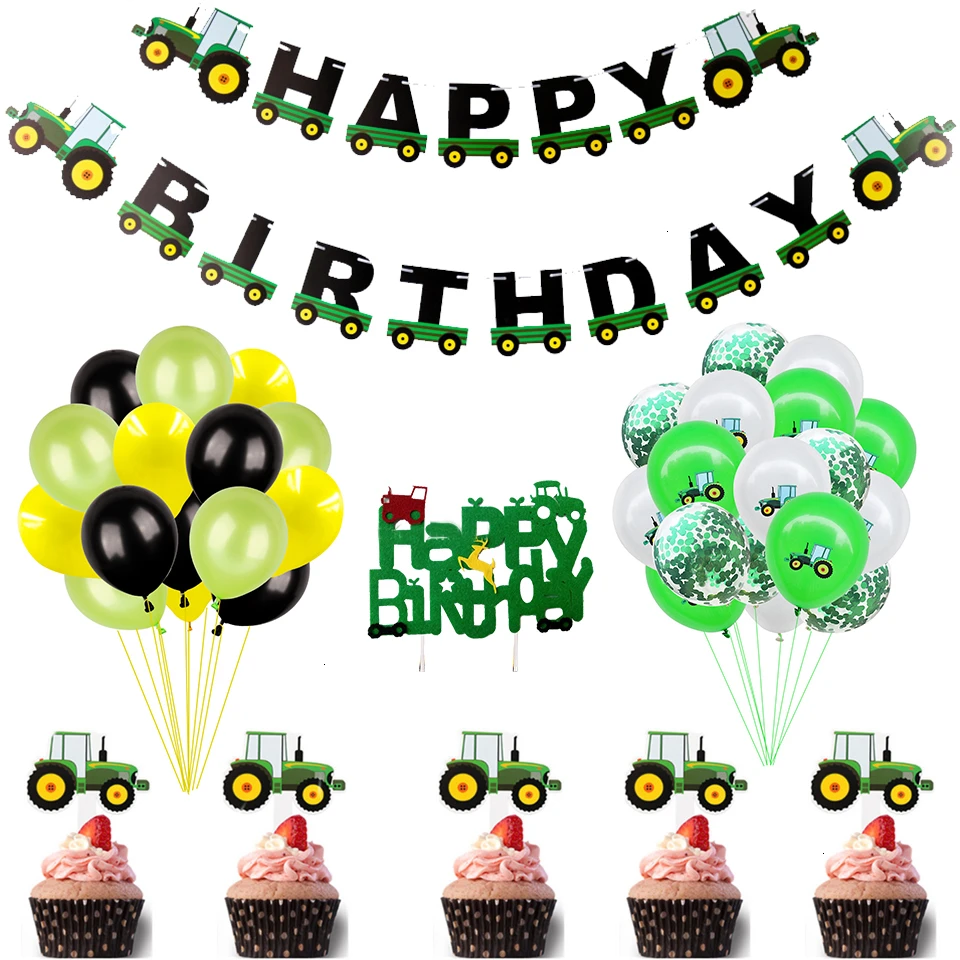 1 Takım Yeşil Çiftlik Tema Çocuklar Mutlu Doğum Günü Afiş Balonlar İnşaat Araç Traktör Doğum Günü Partisi Dekorasyon Görüntü 4