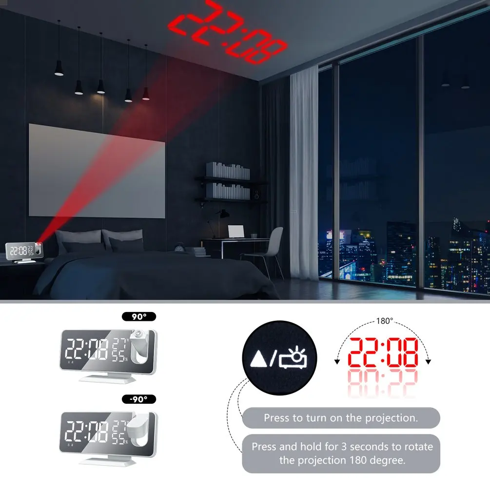 Yeni LED Dijital Çalar Saat Parlaklık Ayarlanabilir Masaüstü Elektronik Saatler Projektör FM Radyo Uyandırma Saat Erteleme Fonksiyonu Görüntü 3