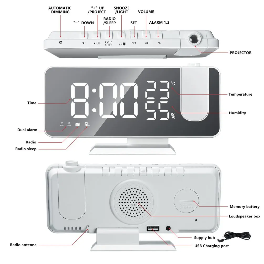 Yeni LED Dijital Çalar Saat Parlaklık Ayarlanabilir Masaüstü Elektronik Saatler Projektör FM Radyo Uyandırma Saat Erteleme Fonksiyonu Görüntü 5