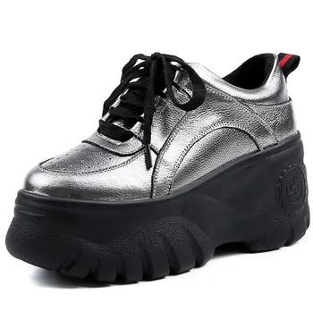8.5 cm Yüksek Kalın Topuk Platformu Flats Kadın rahat ayakkabılar Hakiki Deri Yumuşak Yüksek Kaliteli Rahat Ayakkabı Sneakers Beyaz Siyah