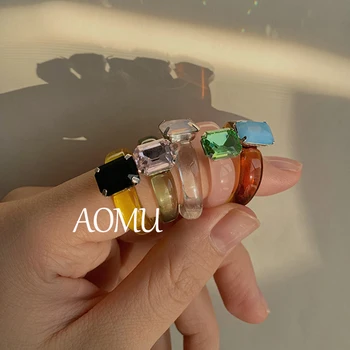 AOMU 2020 Yeni Renkli Şeffaf Kristal Yüzük Geometrik Sırlı Cam Yüzükler Kadınlar Kızlar için Kore Moda Yüzük Takı Hediyeler