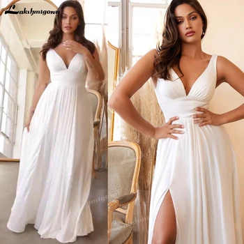 Artı Boyutu V Yaka Şifon Seksi düğün elbisesi 2023 Kat Uzunlukta Yarık Basit gelinlikler vestido longo A-Line Custom Made