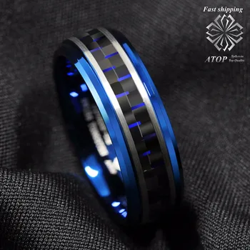 ATOP 8mm erkek takı Mavi Tungsten Yüzük Siyah ve Mavi Karbon Fiber Düğün Band Ücretsiz Kargo
