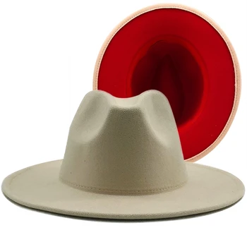 Basit Dış krem İç kırmızı Yün Keçe Caz fötr şapkalar İnce Kemer Tokası ile Erkekler Geniş Brim Panama Fötr Kap 56-58CM