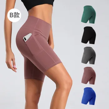 Beş Puan Spor Şort Cepler Sıkı fitness pantolonları Yüksek Bel Kalça Kaldırma Bisiklet Yoga Şort Egzersiz Sıkın Uyluk