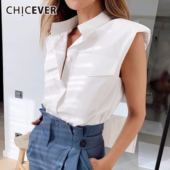 CHICEVER kadın Gömlek Yaka Yaka Kolsuz Casual Gevşek Artı Boyutu Bluzlar Kadın Kore Minimalist Moda Yaz 2020