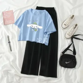 Cinnamoroll Kuromi Giyim Seti / Kısa Kollu yazlık t-shirt Kadın pamuklu bluz Geniş Bacak Pantolon S-Xl Kawaii Anime Peluş Kız için