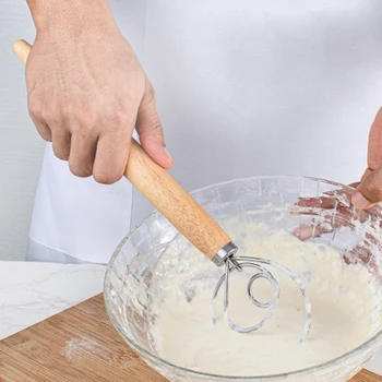 Danimarka Hamur Çırpma Teli Paslanmaz Çelik Ekmek Hamur el mikseri Ahşap Saplı Mutfak Pişirme Araçları Pasta Blender