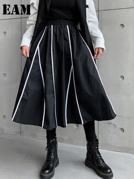 [EEM] Yüksek Elastik Bel Siyah Liem Eklenmiş Rahat Uzun Yarım vücut Etek Kadın Moda Gelgit Yeni Bahar Sonbahar 2023 1DE1829