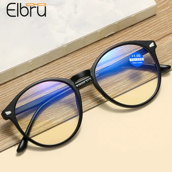 Elbru Vintage Anti mavi ışık okuma gözlüğü yuvarlak HD presbiyopik gözlük moda erkek kadın büyük gözlük diyoptriden + 1.0 + 3.5