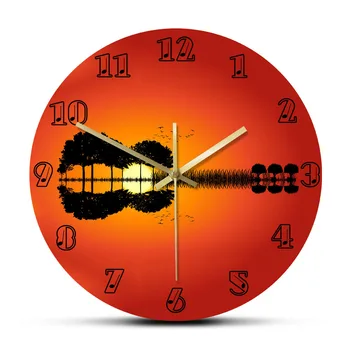 Gitar Ada Manzara Günbatımı Sanat Dekoratif duvar saati Alacakaranlık Gitar Yansıma Müzikal Ev Dekor Sessiz duvar saati