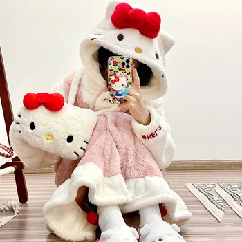 Hello Kitty Kawaii Sanrios Sevimli Yay Kürklü Gecelik Kış Yeni Tatlı Kız Sevimli Uzun Pijama Anime Peluş Loungewear
