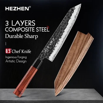 HEZHEN Retro Serisi şef bıçağı Üç katmanlı Kompozit Çelik Paslanmaz Çelik Kırmızı Ahşap Saplı Mutfak Pişirme Bıçakları