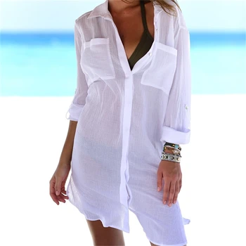 Kadın Bikini Kapak Up Yaz Düz Renk Uzun Kollu Gömlek Elbise Plaj Mayo Yüzme Mayo